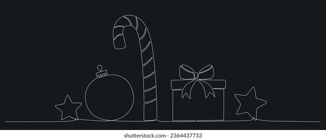 Christmas ball, gift box, candy can continues one single line hand drawing vector stock illustration, isolated on background for design winter holiday banner, card, invitation. Editable stroke. EPS10
