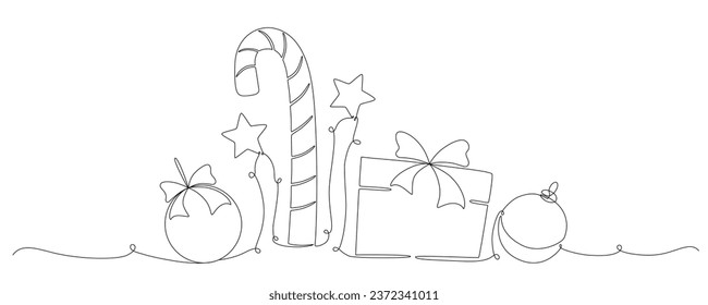 bola de Navidad, caja de regalo, caramelo puede continuar una sola línea de dibujo vectorial ilustración, aislado en segundo plano para diseño banner de vacaciones de invierno, tarjeta, invitación. Trazo editable. EPS10