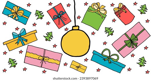  Christmas ball and gift boxes in hand drawn style. Greeting card.  Vector illustration.