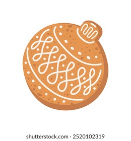 Christmas Ball Gingerbread Cookie with decorative sweet icing. Vector flat illustration isolated on white background. Traditional winter holiday ginger baking