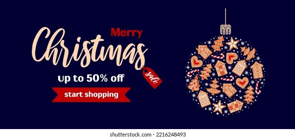 Christmas ball of gingerbread, decorated with icing. Horizontal vector banner, cartoon style. Traditional cookies. Vintage Houses, snowflakes and hearts. For advertising, website, poster, sale flyer.