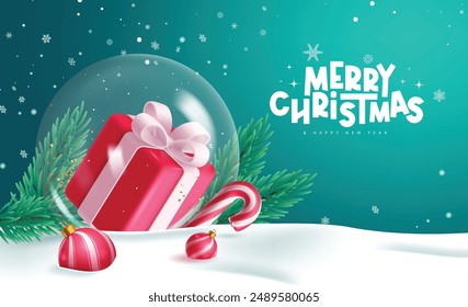 Christmas ball glass vector design. Merry christmas and happy new year greeting text with gift box in crystal round bauble elements for winter season background. Vector illustration greeting card