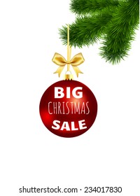 Christmas ball with a gold bow and  inscription " Big Christmas sale" on the Christmas tree isolated on white background