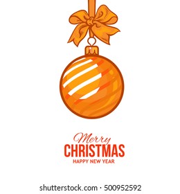 Christmas ball with gold ribbon and bow, vector greeting card template with white background. Shiny Christmas decoration ball of  gold color, greeting card template for Xmas and New Year Eve