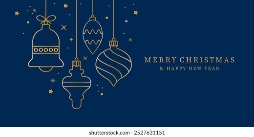  Christmas ball golden icon isolated on a blue background. Christmas card with holidays decoration.Christmas balls border . Marry Christmas and Happy New Year background.