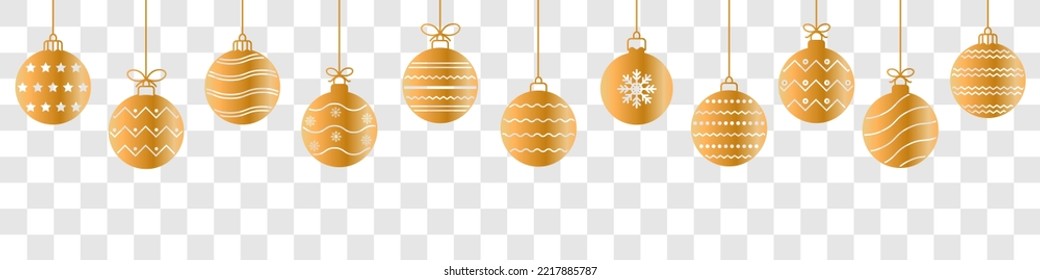 Christmas ball golden line icon.Set of simple golden christmas balls isolated on transparent background.Holiday christmas decoration.Christmas and New Year seamless banner or border.