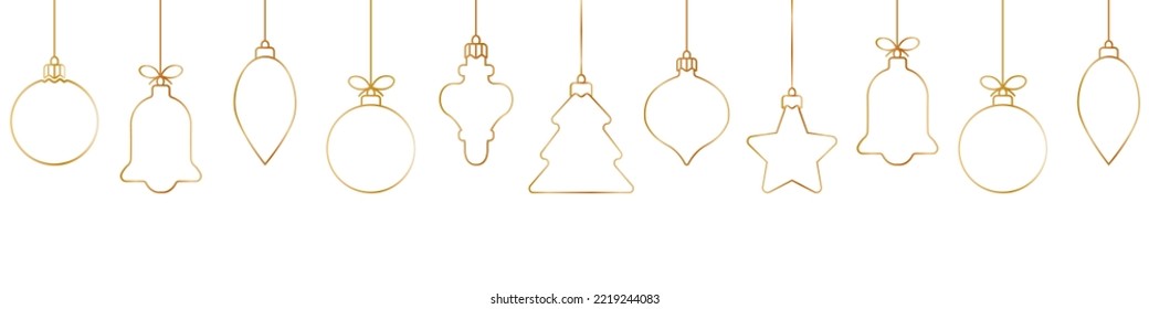 Icono de la línea dorada de la bola de Navidad. Conjunto de simples bolas de navidad doradas aisladas en fondo blanco. Decoración navideña de navidad.Banner o borde sin costuras de Navidad y Año Nuevo.