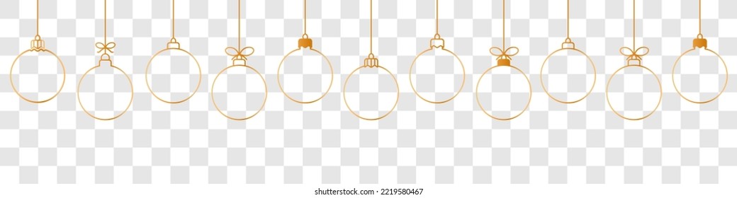 Icono de la línea dorada de la bola de Navidad. Conjunto de simples bolas de navidad doradas aisladas en un fondo transparente. Decoración navideña de navidad.Banner o frontera sin costuras de Navidad y Año Nuevo.