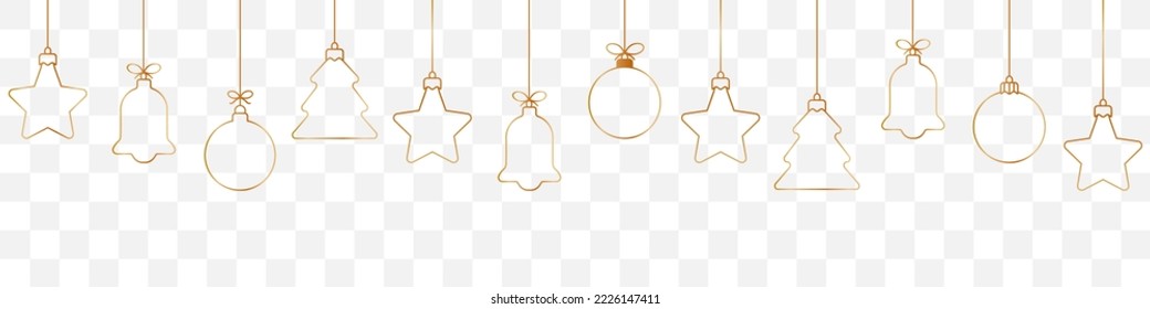 Weihnachtsball goldene Linie Symbol.Set von einfachen goldenen Weihnachtsbällen einzeln auf transparentem Hintergrund.Feiertagsweihnachtsdekoration.Weihnachten und Neues Jahr nahtlose Banner oder Grenze.