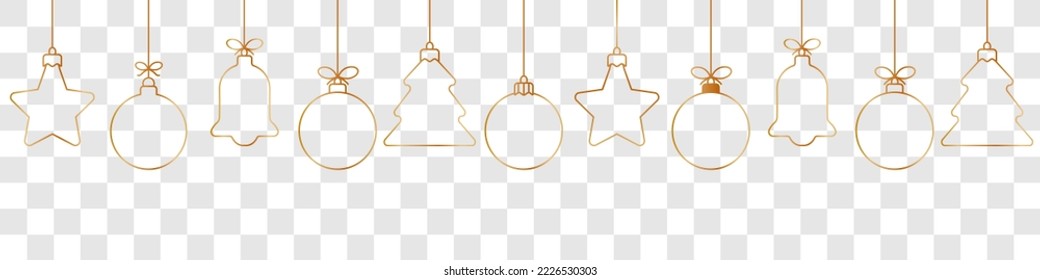 Icono de la línea dorada de la bola de Navidad. Conjunto de simples bolas de navidad doradas aisladas en un fondo transparente. Decoración navideña de navidad.Banner o frontera sin costuras de Navidad y Año Nuevo.