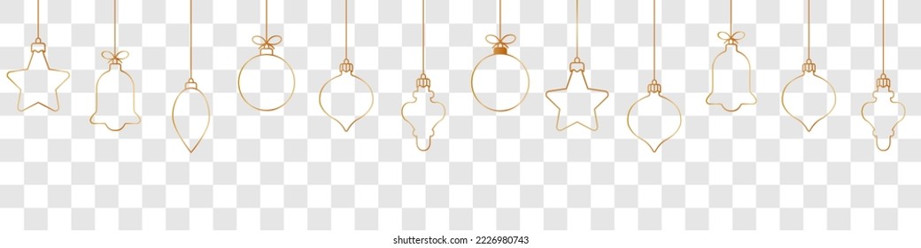 Christmas ball golden line icon.Set of simple golden christmas balls isolated on transparent background.Holiday christmas decoration.Christmas and New Year seamless banner or border.