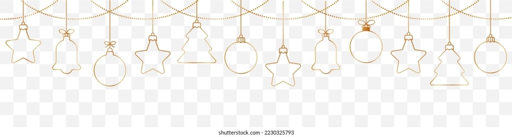 Christmas ball golden line icon.Set of simple golden christmas balls isolated on transparent background. Christmas decoration.Christmas and New Year seamless banner or border.Golden angel