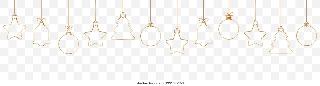 Christmas ball golden line icon.Set of simple golden christmas balls isolated on transparent background. Christmas decoration.Christmas and New Year seamless banner or border.Golden angel