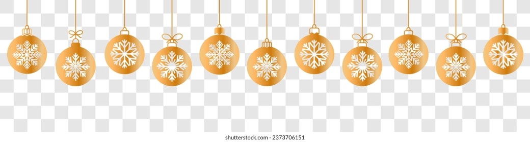 Christmas ball golden line icon.Set of simple golden christmas balls with a snowflakes isolated on transparent background.Holiday christmas decoration.Christmas and New Year seamless banner or border.