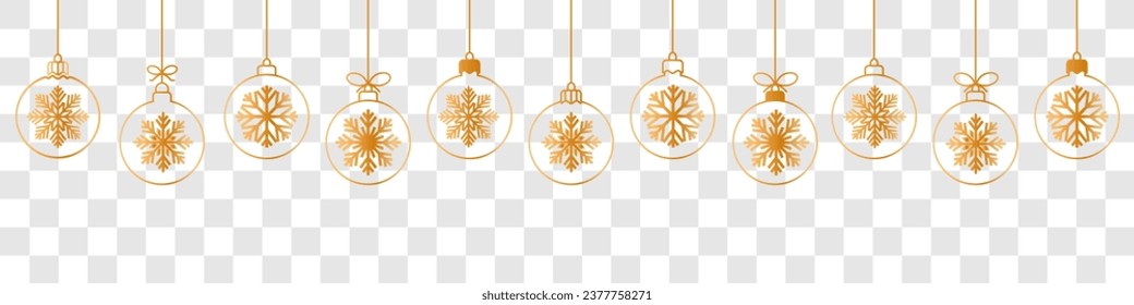 Christmas ball golden line icon.Set of simple hanging golden christmas balls seamless border .Holiday christmas decoration. New Year seamless banner .