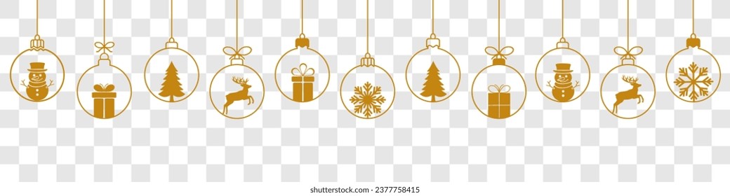 Christmas ball golden line icon.Set of simple hanging golden christmas balls seamless border .Holiday christmas decoration. New Year seamless banner .