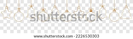Christmas ball golden line icon.Set of simple golden christmas balls isolated on transparent background.Holiday christmas decoration.Christmas and New Year seamless banner or border. 商業照片 © 