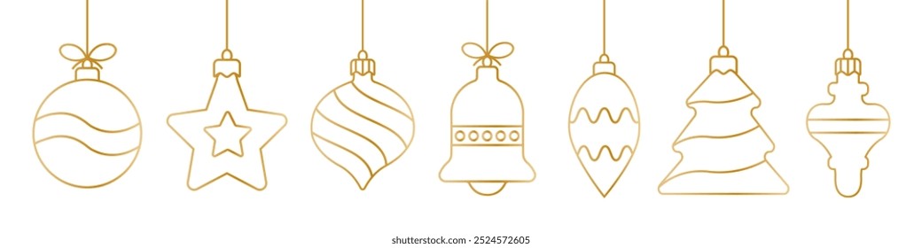 Christmas ball golden line icon.Christmas balls seamless border . Holiday christmas decoration. Marry Christmas and Happy New Year background.