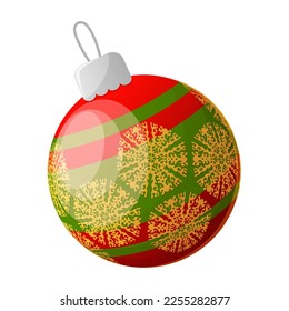 Christmas ball with golden snowflake ornament pattern. Fir tree toy green red color bauble icon isolated on white background. Symbol of happy new year, winter holiday celebration. Vector illustration