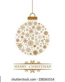 Christmas ball of golden snowflakes on a white background. Greeting card with text