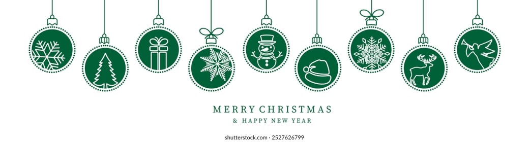 Christmas ball green icons. Christmas card with holidays decoration.Christmas balls border . Marry Christmas and Happy New Year background.