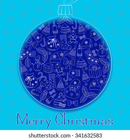 Christmas ball greeting blue card with text Merry Christmas and many winter doodles. Santa, toys, cookies, snowmen, fir, candies, socks, gifts, bows, snowflakes, stars, hollies, mittens, etc.