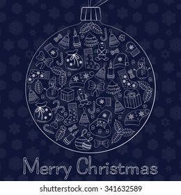 Christmas ball greeting blue card with text Merry Christmas and many winter doodles. Santa, toys, cookies, snowmen, fir, candies, socks, gifts, bows, snowflakes, stars, hollies, mittens, etc.