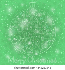 Christmas ball greeting card with text Merry Christmas and many winter doodles. Santa, toys, cookies, snowmen, fir, candies, socks, gifts, bows, snowflakes, stars, hollies, mittens, green, etc.