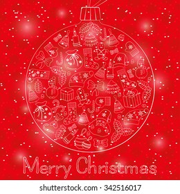 Christmas ball greeting card with text Merry Christmas and many winter doodles. Santa, toys, cookies, snowmen, fir, candies, socks, gifts, bows, snowflakes, stars, hollies, mittens, etc.