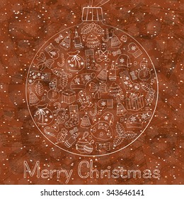 Christmas ball greeting card with text Merry Christmas and many winter doodles. Santa, toys, cookies, snowmen, fir, candies, socks, gifts, bows, snowflakes, stars, hollies, mittens, etc.