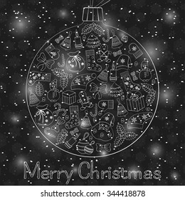 Christmas ball greeting card with text Merry Christmas and many winter doodles. Santa, toys, cookies, snowmen, fir, candies, socks, gifts, bows, snowflakes, stars, hollies, mittens, etc.