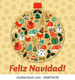 Christmas ball greeting card with text Merry Christmas on Spanish and many winter doodles. Santa, toys, cookies, snowmen, fir, candies, socks, gifts, bows, snowflakes, stars, hollies, mittens, etc.