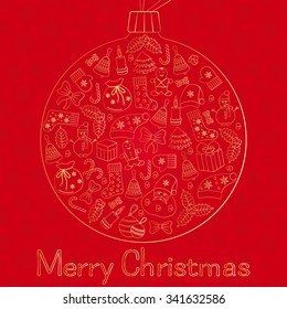 Christmas ball greeting red card with text Merry Christmas and many winter doodles. Santa, toys, cookies, snowmen, fir, candies, socks, gifts, bows, snowflakes, stars, hollies, mittens, etc.