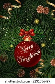 Christmas ball with Christmas greetings.Vector illustration with a Christmas ball with text on Christmas tree branches with sparkles and garlands.