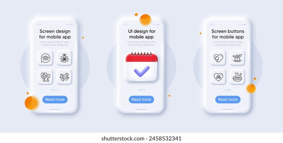Christmas ball, Grill pan and Ice cream line icons pack. 3d phone mockups with calendar. Glass smartphone screen. Cancel flight, Honeymoon cruise, Puzzle web icon. Vector