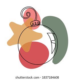 Christmas ball in a hand drawn linear style with colorful abstract stains. Isolated on white. Vector illustration.
