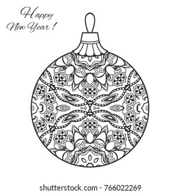 Christmas ball with hand drawn ornament, black and white. Happy New Year card, invitation template. Decorative geometric doodle floral pattern. Isolated element for textile, paper print, coloring book