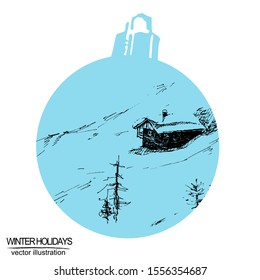 Christmas ball with  hand drawn winter landscape. Winter holidays and Celebrations concept.  Black and blue sketch with line art.
