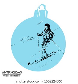 Christmas ball with  hand drawn winter landscape. Winter holidays and Celebrations concept.  Black and blue sketch with line art.