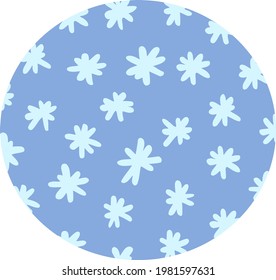 Christmas ball with hand-drawn light blue snowflakes. Vector flat color round icon for story covers, modern templates. Casually handwriting illustrating flakes of snow. Childish winter blue circle.