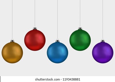 Christmas ball handing on string collection. Xmas vector bauble isolated on white background. New Year  ball set, decoration element. Vector illustration.