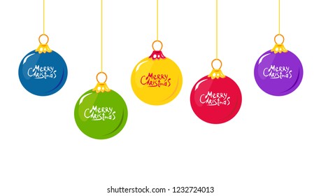 Christmas ball handing on string collection. Xmas vector bauble isolated on white background. New Year ball set, decoration element. Vector illustration.