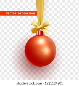 Christmas ball hanging on ribbon with golden bow. Decor Xmas bauble isolated on transparent background