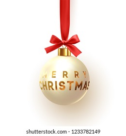 Christmas ball hanging on ribbon with red bow. Decor Xmas bauble isolated on white background