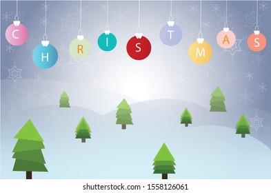 Christmas ball hanging with pine tree vector on blue background
