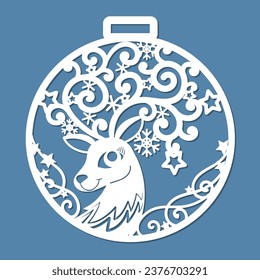 Christmas ball with the head of a cartoon deer deer. Template for laser cutting from paper, cardboard, wood, metal, etc. For the design of Christmas and New Year cards, greetings, Christmas tree decor