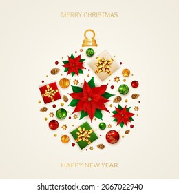 Christmas Ball from holiday decorations. Christmas lettering, poinsettia, balls, pine cones, beads, gifts with golden bow and stars on white background. Illustration for Christmas design, poster, card