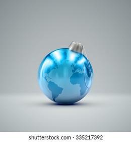 Christmas ball. Holiday vector illustration of traditional festive Xmas bauble with global map. Merry Christmas and Happy New Year greeting card design element. 
