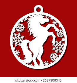Christmas ball with horse, snowflakes. Hanging holiday decoration - symbol of Chinese New Year. Template for plotter laser cutting of paper, fretwork, wood carving, metal engraving, cnc. Vector image.