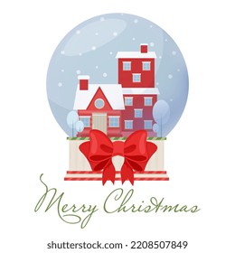 Christmas ball. House in a glass bowl. Congratulation. Card.